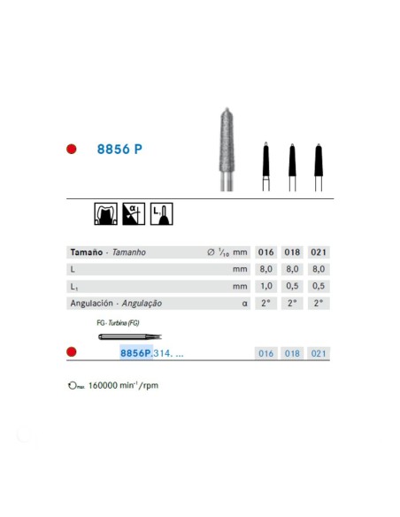 Fresa Diamante FG 8856P.314 Cónico, Bisel con Punta Guía, Fino, Clínica 5 uds Komet