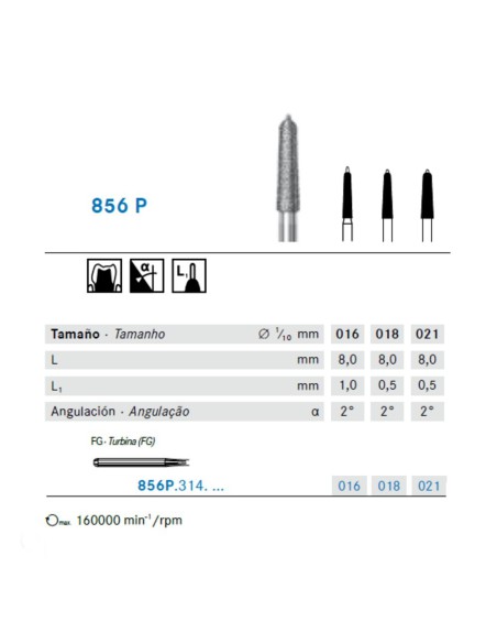 Fresa Diamante FG 856P.314 Cónico, Bisel con Punta Guía, Clínica 5 uds Komet