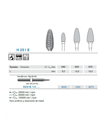 Fresa Carburo H251E.104 PM Acrílico Metal 1 ud Komet