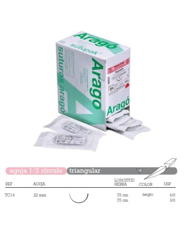 Sutura Multifilamento Supramid TC-14 Aguja 1/2 Circulo Triangular 22mm Hebra 75cm Negro No Absorbible 36u Aragó