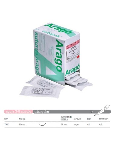 Sutura Monofilamento Supramid TB-10 Aguja 3/8 Círculo Triangular 12mm 6/0 Hebra 75cm Negro No Absorbible 36u Aragó