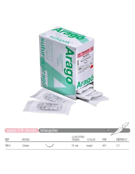 Sutura Monofilamento Supramid TB-10 Aguja 3/8 Círculo Triangular 12mm 6/0 Hebra 75cm Negro No Absorbible 36u Aragó