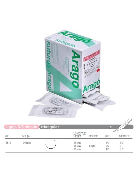 Sutura Supramid TB-12 Aguja 3/8 Círculo Triangular 16mm Hebra 75cm Negro No Absorbible 36u Aragó