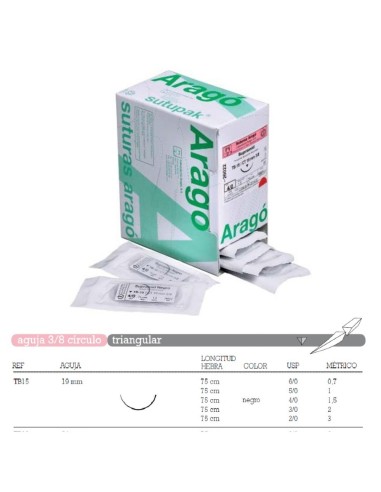 Sutura Supramid TB-15 Aguja 3/8 Círculo Triangular 19mm Hebra 75cm Negro No Absorbible 36u Aragó