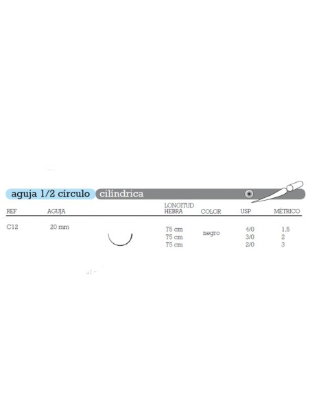 Sutura Seda C-12 Aguja 1/2 Círculo Triangular 20mm Hebra 75cm Negra No Absorbible 12u Aragó