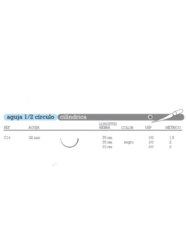 Sutura Seda C-14 Aguja 1/2 Círculo Cilíndrica 22mm Hebra 75cm Negra No Absorbible 12u Aragó