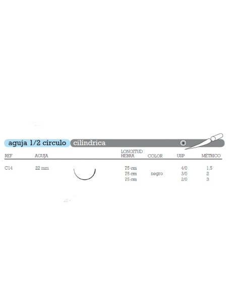 Sutura Seda C-14 Aguja 1/2 Círculo Cilíndrica 22mm Hebra 75cm Negra No Absorbible 12u Aragó