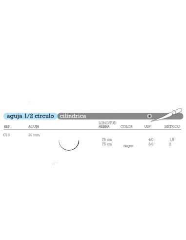 Sutura Seda C-16 Aguja 1/2 Círculo Cilíndrica 26mm Hebra 75cm Negra No Absorbible 12u Aragó