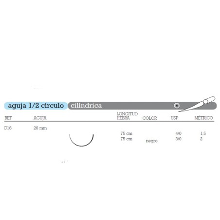 Sutura Seda C-16 Aguja 1/2 Círculo Cilíndrica 26mm Hebra 75cm Negra No Absorbible 12u Aragó