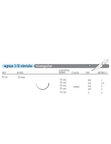 Sutura Seda TC-16 No Absorbible Aguja 1/2 Círculo Triangular 26mm Hebra 75cm Negra 12u Aragó
