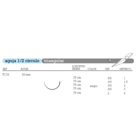 Sutura Seda TC-16 No Absorbible Aguja 1/2 Círculo Triangular 26mm Hebra 75cm Negra 12u Aragó
