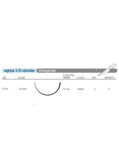 Sutura Seda TC-30 No Absorbible Aguja 1/2 Círculo Triangular 45mm USP 2 Hebra 75cm Negra 12u Aragó
