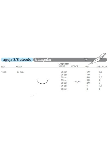 Sutura Seda TB-15 No Absorbible Aguja 3/8 Círculo Triangular 19mm Hebra 75cm Negra 12u Aragó