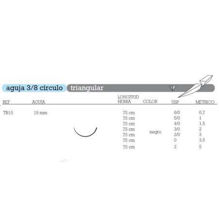 Sutura Seda TB-15 No Absorbible Aguja 3/8 Círculo Triangular 19mm Hebra 75cm Negra 12u Aragó
