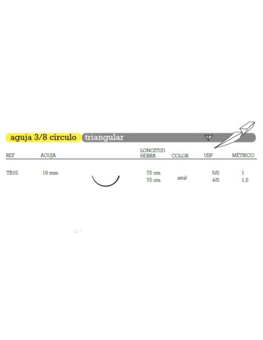 Sutura de Nylon No Absorbible TB-15 Aguja 3/8 Círculo Triangular 19mm Hebra 75cm Azul, Monofilamento, 36uds Aragó