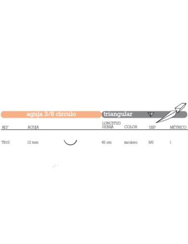 Sutura Poliglecaprona TB10 Aguja 3/8 Círculo Triangular 12mm USP 5/0 Hebra 45cm Incolora, Absorbible, 36u Aragó
