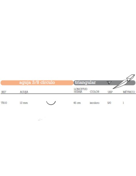 Sutura Poliglecaprona TB10 Aguja 3/8 Círculo Triangular 12mm USP 5/0 Hebra 45cm Incolora, Absorbible, 36u Aragó