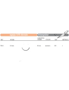 Sutura Poliglecaprona Absorbible TB15 Aguja 3/8 Círculo Triangular 19mm USP 5/0 Hebra 45cm Incolora 36u Aragó