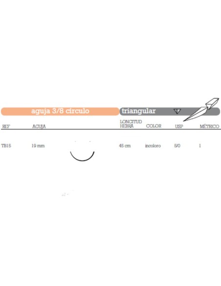 Sutura Poliglecaprona Absorbible TB15 Aguja 3/8 Círculo Triangular 19mm USP 5/0 Hebra 45cm Incolora 36u Aragó