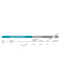 Sutura Supolene No Absorbible TB15 Aguja 3/8 Círculo Triangular 19mm USP 3/0 Hebra 75cm Verde 36u Aragó