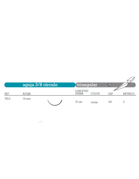 Sutura Supolene No Absorbible TB15 Aguja 3/8 Círculo Triangular 19mm USP 3/0 Hebra 75cm Verde 36u Aragó